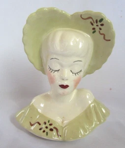 PORCELAIN LADY HEAD VASE WALL HANGING LIGHT LIME YELLOW HAT AND DRESS 7-1/2" - Picture 1 of 5