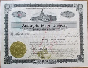 Bergbau/Ambergris Mines Company 1918 Aktienzertifikat mit Kapitol - Wallace, Ausweis - Bild 1 von 1