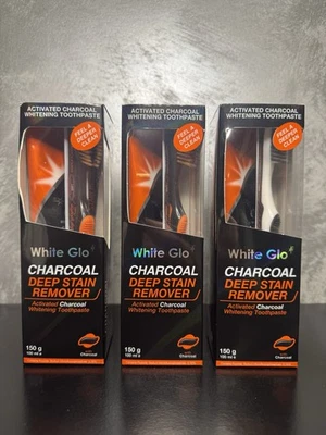 3 x150g White Glo Charcoal Deep Stain Remover Toothpaste - Toothbrush Included