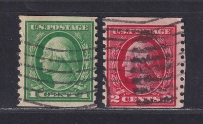 United States Scott 443-444 Used 1914 1¢/2¢ Coil Perf 10 Vert Flat Plate SCV $85 - Image 1 of 2