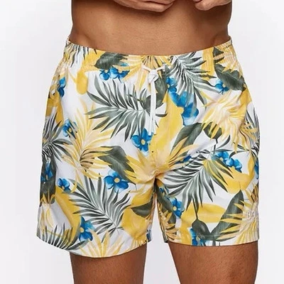 Nuevo sin etiquetas Pantalón Corto de Natación Boss by Hugo Boss Para Hombre Estampado de Hojas Amarillo/Blanco/Verde Talla Mediana  Foto 1 de 4
