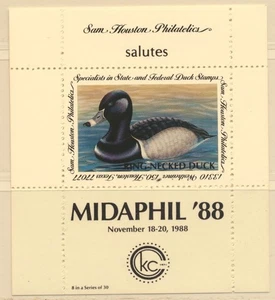 USA Sam Houston Duck Company MIDAPHIL '88 Ring-Nrcked Duck MNH - Picture 1 of 2