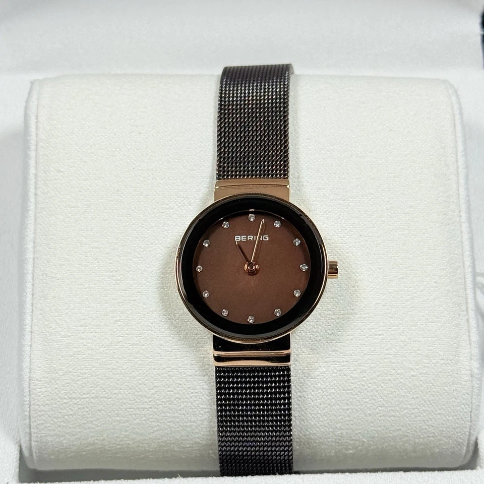 Bering Watch Womens Brown Dial Rose Gold Mesh Band 10124-265 Crystal Markers