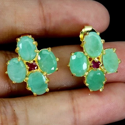 Pendientes de plata de ley 925 esmeralda ovalada 7x5 mm rubí piedras preciosas naturales joyería Foto 1 de 4