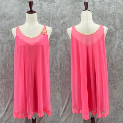 Vestido de noite vintage anos 60 Lorraine lingerie tamanho M rosa neon nylon chiffon em camadas - Imagem 1 de 4