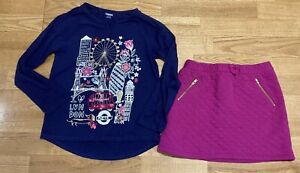 Girls Gymboree Outfit Size 7 - Navy Printed Top w/Quilted Magenta Skirt EUC