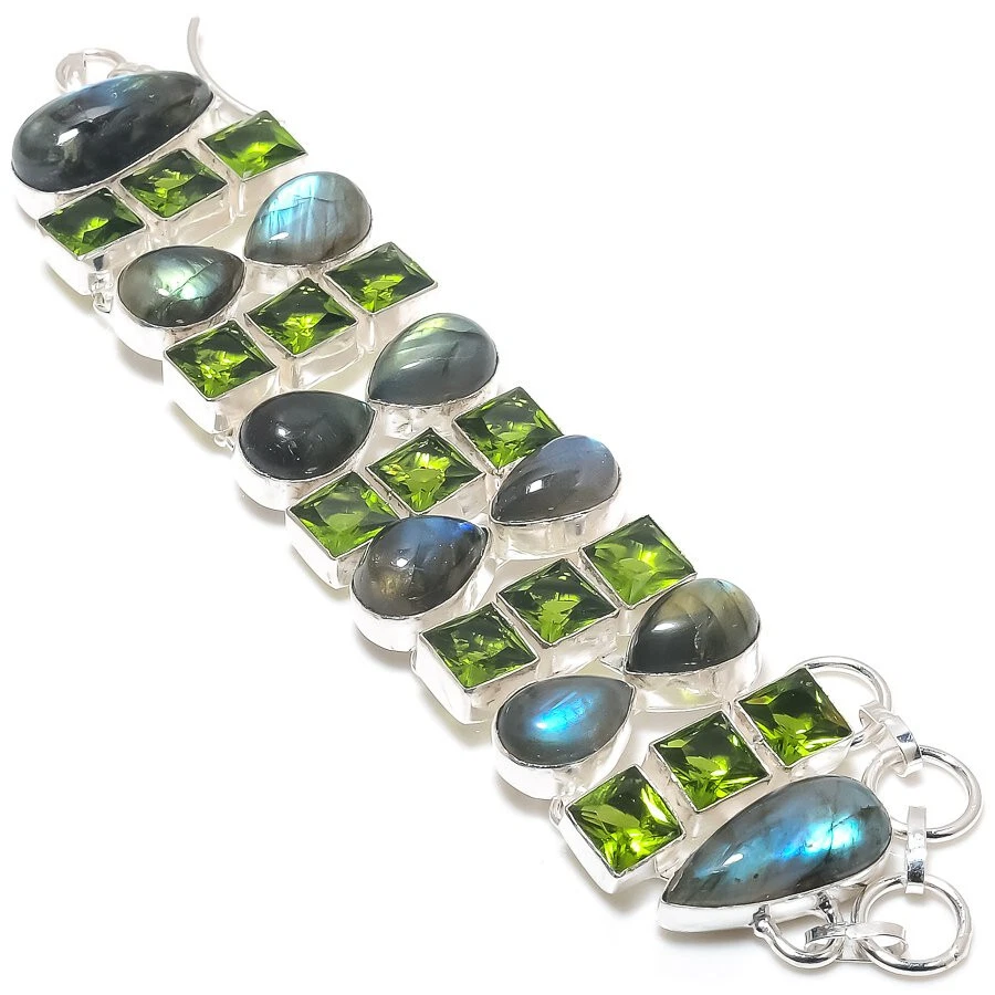 Labradorite Peridot Quartz Gemstone Silver Plated Dainty Bracelet Jewelry 7-8" - Image 1 of 1