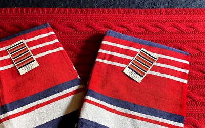 2 RESTORATION HARDWARE SHIP AHOY RED WHITE BLUE STRIPE 34X68 VELOUR BEACH TOWELS - Image 1 of 4