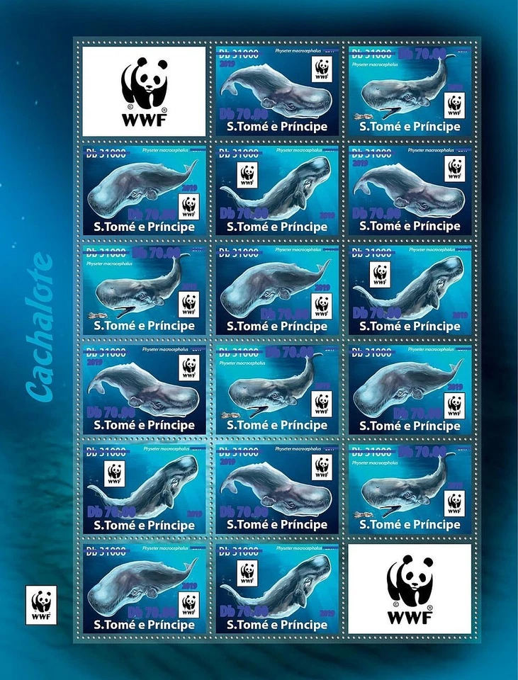 SPERM WHALES Dark Blue Foil OVERPRINT MNH 16v-Stamp Sheet WWF (2019 Sao Tome) - Image 1 of 1