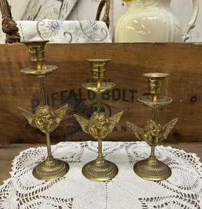 Vintage Brass Cherub Angel Candle Holders Set Of 3 Christmas Decor - Picture 1 of 9