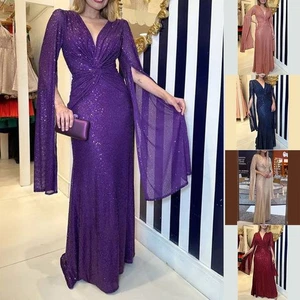 Deep V Neck Maxi Dress for Women Long Sleeve Sequined Party Dress Elegant Style - Picture 1 of 18