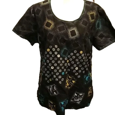 Runaway by Cherokee Blouse Women’s Size L Black Abstract Print Short Sleeve Top - Изображение 1 из 4