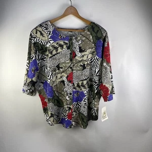 Vtg Randi Of California Blouse NOS Raglan Sleeve Chambray Animal Floral Print L - Picture 1 of 11
