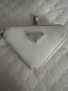 Prada Triangle Patent Coin Purse Leather Rare Authentic Mini White Silver Logo - Picture 1 of 14