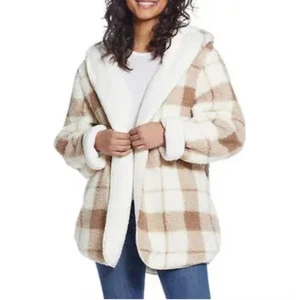 Wetterfeste kuschelige karierte Sherpa gefütterte Jacke mit Kapuze creme braun wendbar Gr. L - Bild 1 von 8
