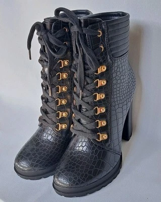 ShoeDazzle SHANDEE Black Faux Croc Lace Up Booties Chunky 4.25" Heels Size 8 NIB - Image 1 of 4