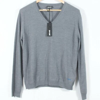 NWT JustCavalli L Men's V-neck Sweater Gray Wool Tight Knit Foto 1 de 4