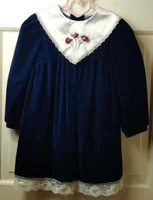 VTG Rose Cottage Dress Sz 6 Blue Velvet Long Sleeve White Lace Trim Rose Collar - Image 1 of 4