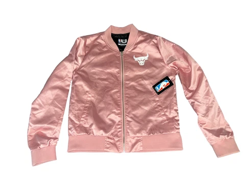 RARE NBA Chicago Bulls Womens Pink Satin Bomber Jacket Sz M NWT Cover