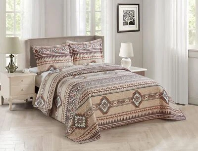 Rustic Southwest Quilted Western Bedspread Bedding Set in Brown Beige Taupe C... - Image 1 of 2