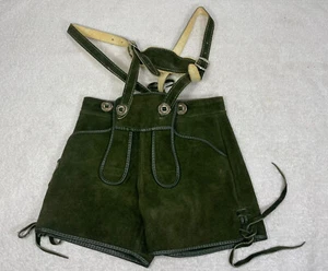 VTG Lederhosen Childrens Shorts Suspenders Green Suede  Leather EUC - Picture 1 of 2