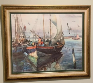 VINTAGE JAMES MILTON SESSIONS WATERCOLOR LITHOGRAPH BOATS AT PORT - Picture 1 of 5