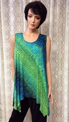 JOSTAR Poly Spandex Knit GREEN BLUE POINT HEM TANK TOP Travel S M L XL 2X 3X - Image 1 of 4
