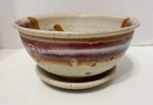 Art Pottery Handmade Berry Bowl Colander Purple Drip Glaze & Plate Signed 7" - Picture 1 of 7