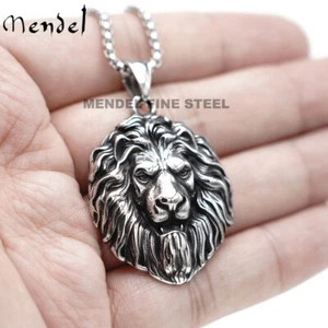MENDEL Cool Mens Stainless Steel Lion King Head Pendant Necklace Silver For Men - Picture 1 of 10
