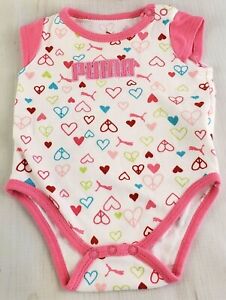 Puma Girls Pink w/ Hearts Baby Infant One Piece Bodysuit  0-3 Months 
