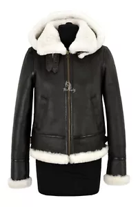 Ladies B3 Sheepskin Jacket Hooded Winters 100% Real Shearling White Fur Jacket - Picture 1 of 6