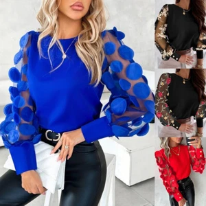 Womens Sexy Mesh Floarl Long Sleeve Work Shirt Tops Ladies Casual Blouse Shirts - Picture 1 of 13