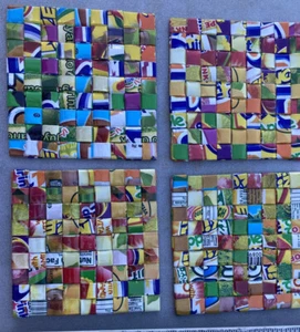 Candy/Gum Wrapper Upcycled Eco Friendly Bar ware Table Coasters Set Of 4 - Picture 1 of 4