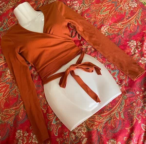 S ribbed Burnt Orange Crop cropped Long Sleeve Wrap top v neck tie adjustable - Picture 1 of 5