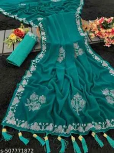 Women's Vichitra Satin Silk saree with Separate Blouse Piece - Picture 1 of 8