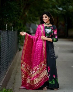 Party Wear Satin Silk With Digital Print Gown With Dupatta For Women - Picture 1 of 12