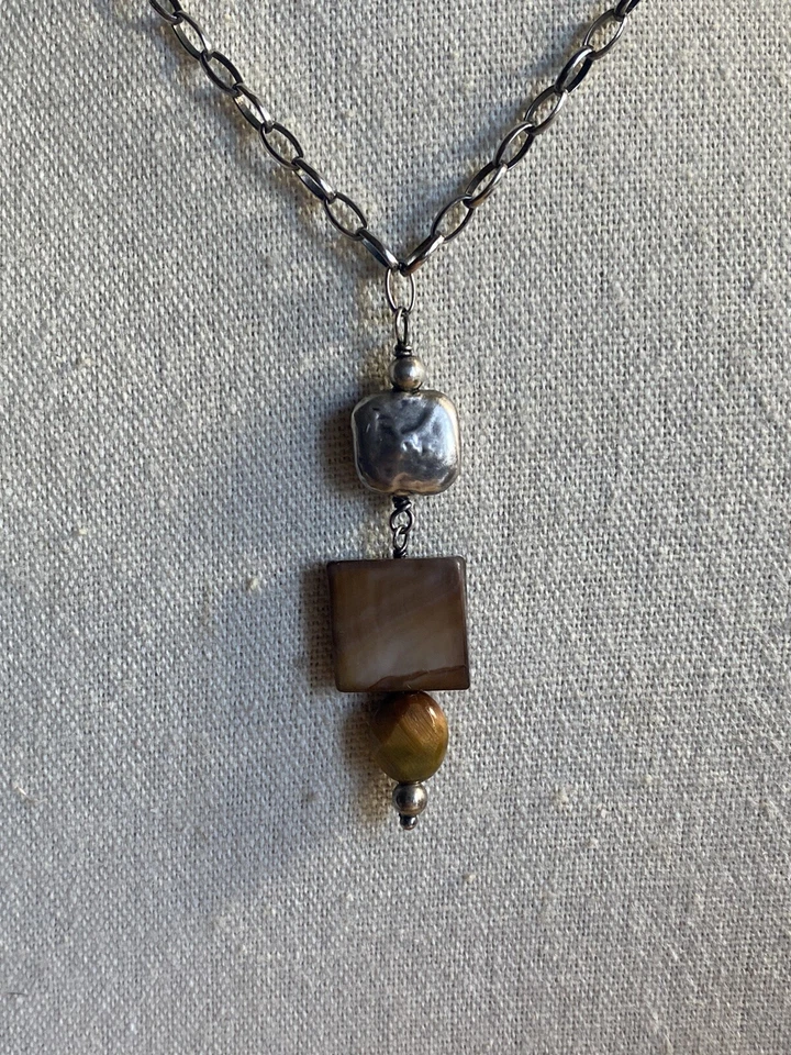 Colar Silpada prata esterlina 925 madrepérola olho de tigre 16,5” - Imagem 1 de 1