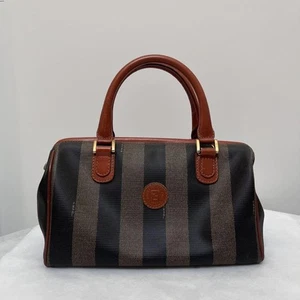 Bolso de Mano FENDI Pequin Mini Boston PVC Cuero Rayas Marrón Vintage USADO J426 - Imagen 1 de 20