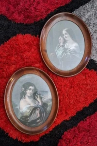 2 Victorian Provocative Ladies in Hanging Oval Wooden Photo Frames, 11"x9" NDD. - Picture 1 of 23