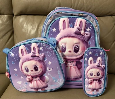 16” 3Pcs Custom Labub Backpack Set – Purple/Blue(Backpack+ Lunchbox+Pencil Case) - Image 1 of 3