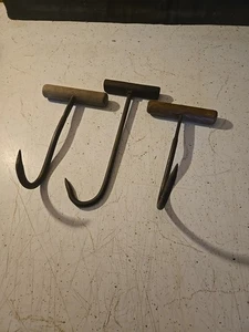 3 ANTIQUE ICE, HAY, MEAT HOOKS with WOODEN HANDLES - Picture 1 of 7
