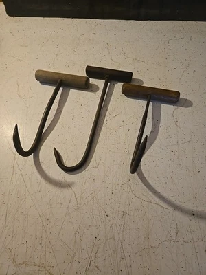 3 ANTIQUE ICE, HAY, MEAT HOOKS with WOODEN HANDLES - Image 1 of 4