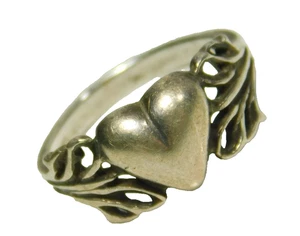 Anillo Vintage Plata Esterlina Corazón Hinchado y Hojas Abiertas - Talla 4.5 - Imagen 1 de 6