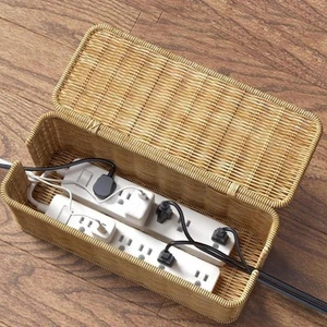 with Lid Cord Organizer Hider Box 2 Open Slots Imitation Rattan Box  Desk - Afbeelding 1 van 7