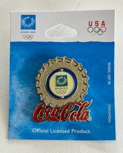 2004 ATHENS OLYMPIC GAMES COCA-COLA SPINNER PIN BADGE/ LOGO/ MASCOTS/ BOTTLE CAP - Picture 1 of 5