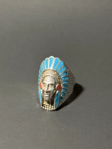 Anillo Coral Turquesa Jefe Indio Vintage Plata Esterlina 925 Talla 13.5 - Imagen 1 de 10