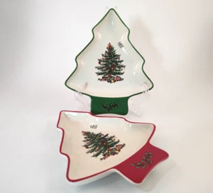 Set of 2 Spode Christmas Tree 7"  Small Tree Shaped Dishes - Red and Green - Picture 1 of 8