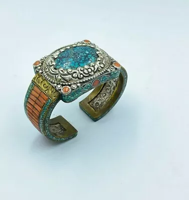 Antique Hand Made Nepali Tibetan Vintage Jewelry Silver Coral Turquoise Bracelet - Image 1 of 4