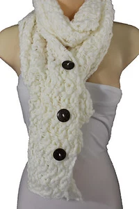 Collana donna lunga bianca sciarpa morbida moda inverno maglia tessuto morbido 3 bottoni - Foto 1 di 7