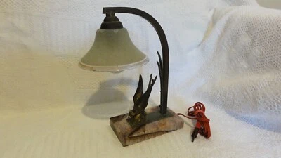 LAMPE DE BUREAU ART DECO OISEAU REGULE  MARBRE 1940 TULIPE  VERRE GRANITE - Photo 1/4